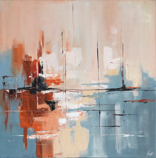 AMBER HORIZON, abstract seascape oil painting in amber, rust and dusty blue by Mahsa Gee