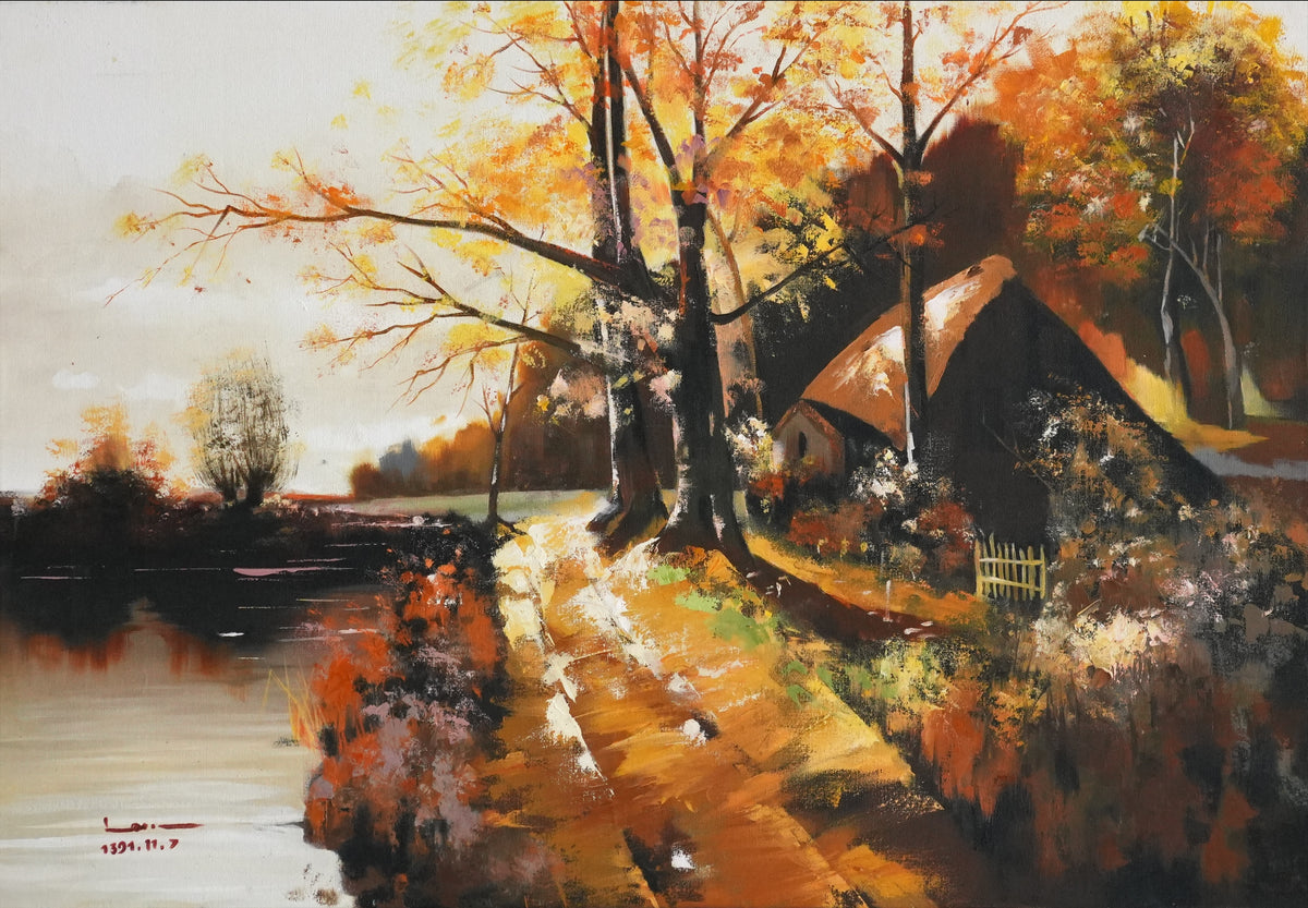 AUTUMN PASSAGE, autumn landscape oil painting with a thatched cottage and golden trees by Mahsa Gee