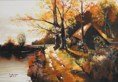 AUTUMN PASSAGE, autumn landscape oil painting with a thatched cottage and golden trees by Mahsa Gee