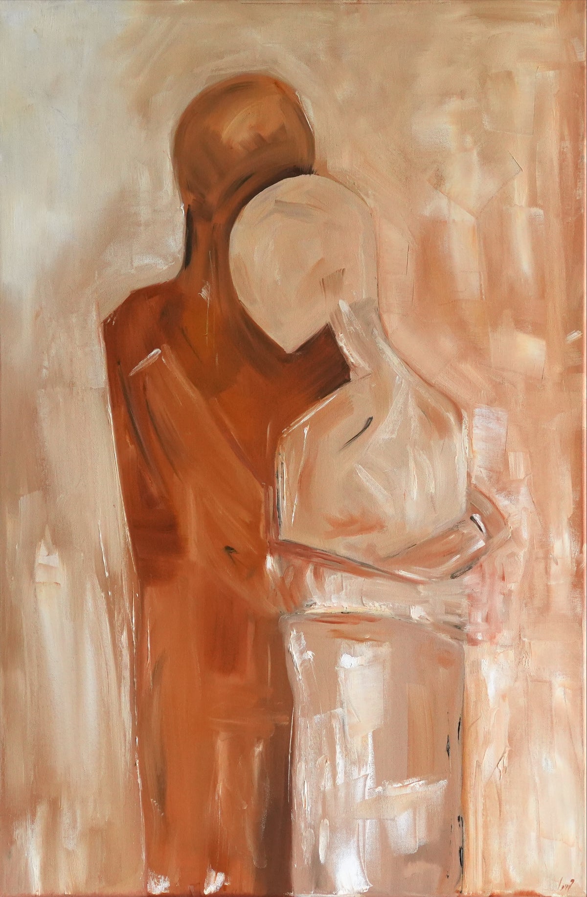 BETWEEN US II, oil painting of two faceless figures close together in terracotta and cream by Mahsa Gee