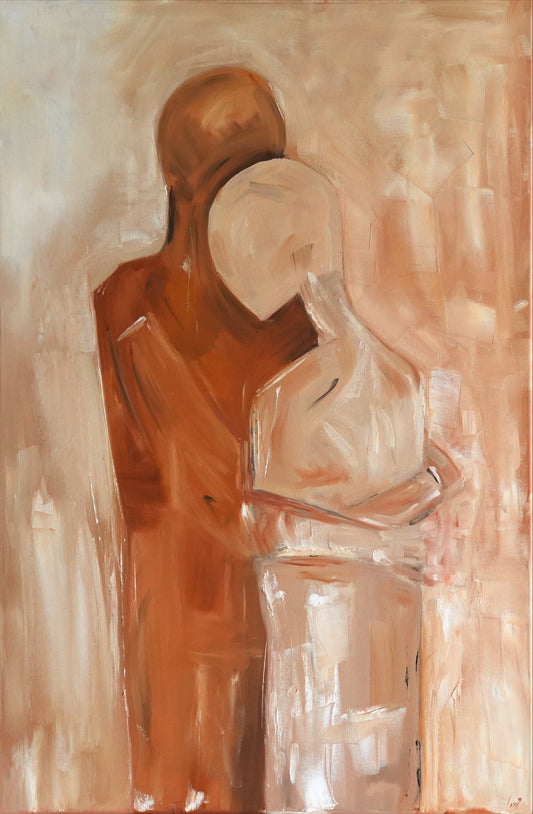 BETWEEN US II, oil painting of two faceless figures close together in terracotta and cream by Mahsa Gee