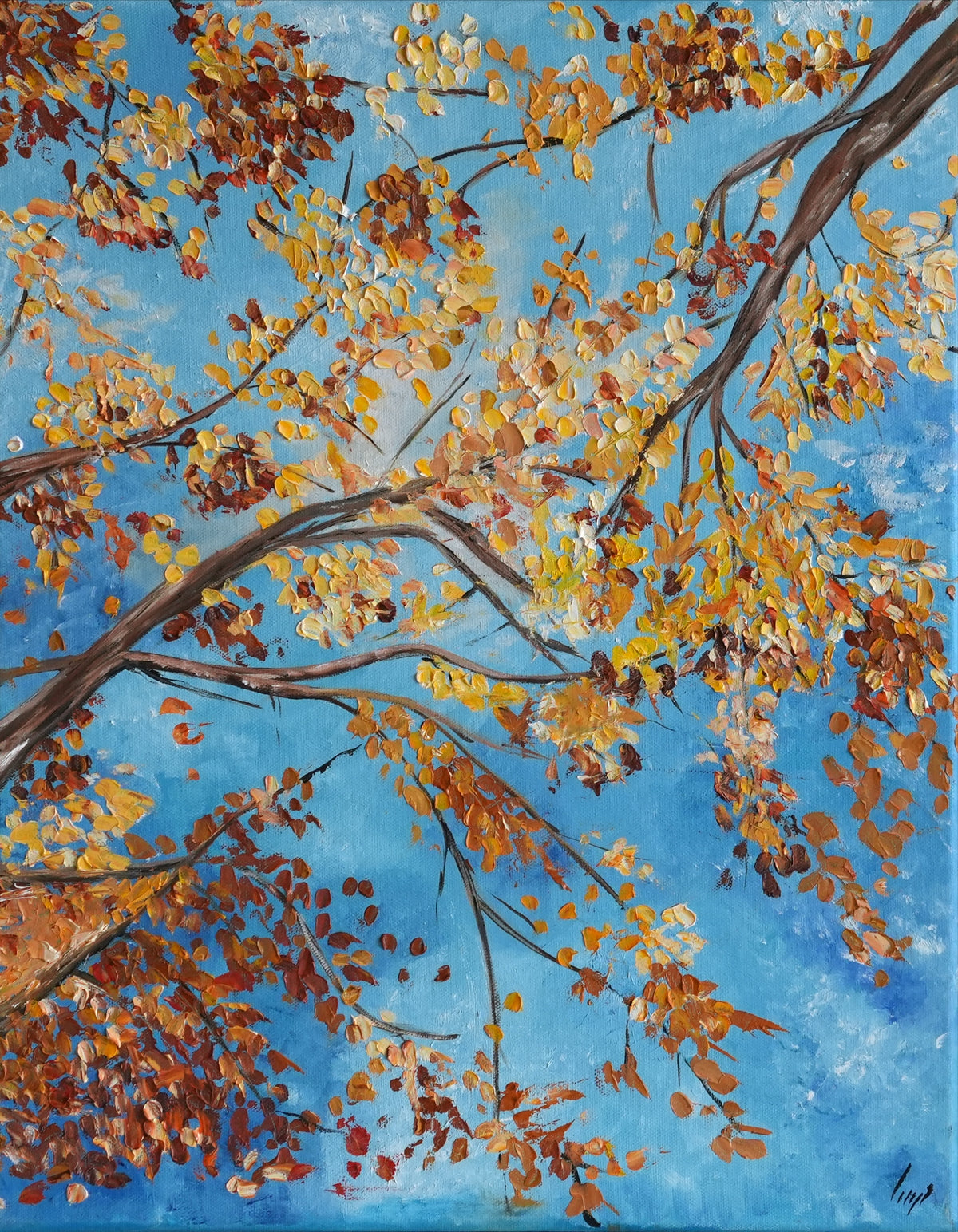 DANCING LEAVES, oil painting of autumn branches against a blue sky by Mahsa Gee