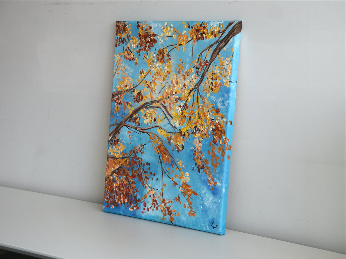 DANCING LEAVES by Mahsa Gee, seen from the side to show the canvas edge and paint texture