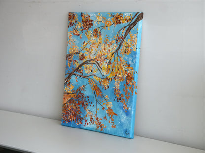 DANCING LEAVES by Mahsa Gee, seen from the side to show the canvas edge and paint texture