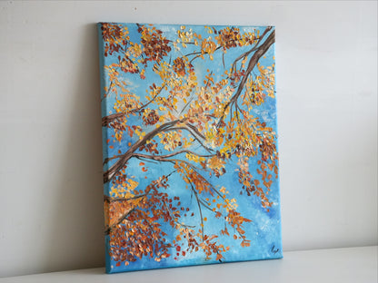 DANCING LEAVES by Mahsa Gee, seen from the side to show the canvas edge and paint texture