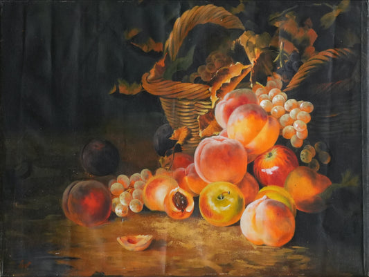 HARVEST GLOW, classical still life oil painting of a fruit basket by Mahsa Gee