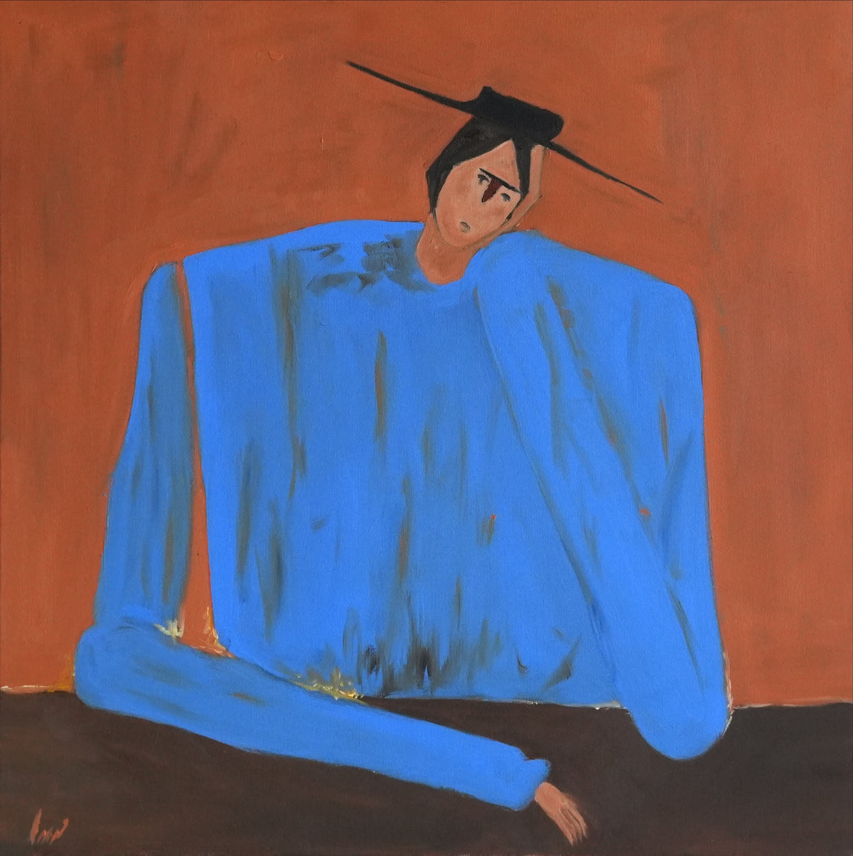 HIM, oil painting of a man in a bright blue shirt against a terracotta wall by Mahsa Gee