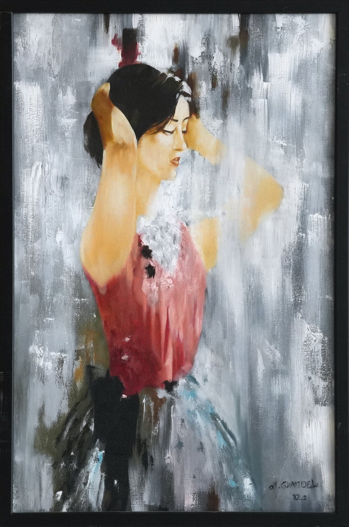 IN QUIET THOUGHT, figurative oil painting of a woman in a rose top arranging her hair by Mahsa Gee