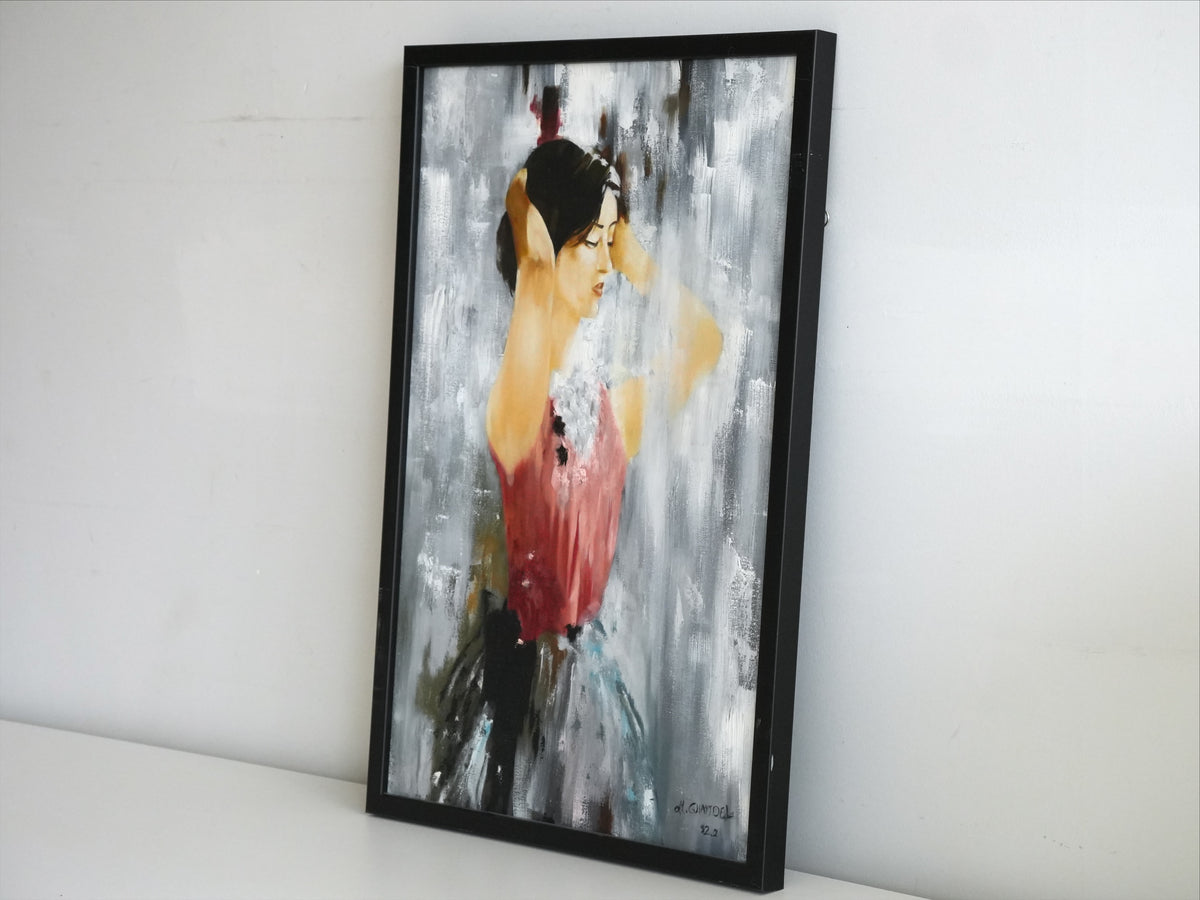 IN QUIET THOUGHT by Mahsa Gee, seen from the side to show the canvas edge and paint texture