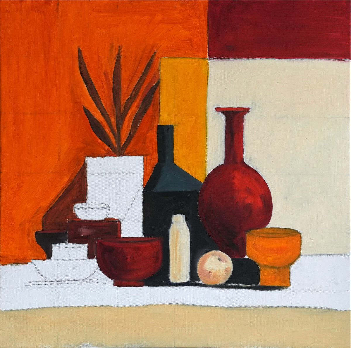 INTERRUPTED, still life oil painting of vases and a plant in warm orange and red by Mahsa Gee