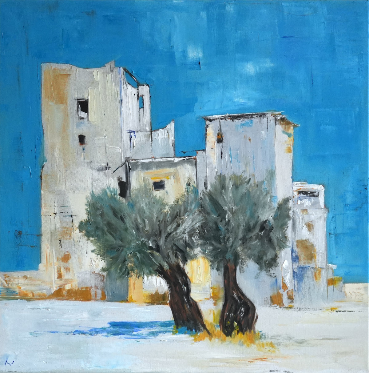 KASHAN, oil painting of old clay buildings and two trees under a deep blue sky by Mahsa Gee