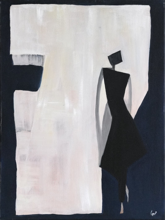 LADY IN SILHOUETTE, minimalist oil painting of a woman in a black dress by Mahsa Gee