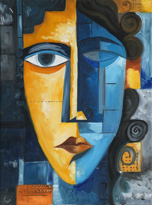 MUSE MOSAIC, cubist portrait oil painting in yellow, blue and orange by Mahsa Gee