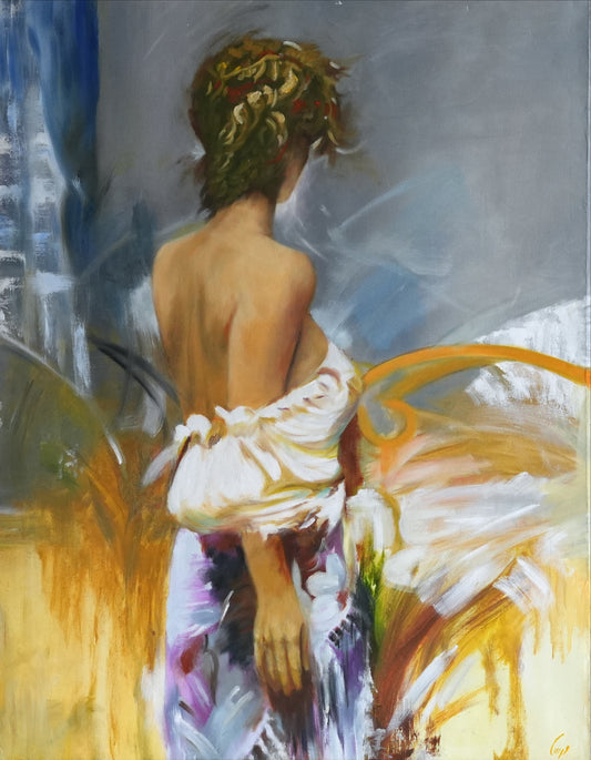 SHE 0, oil painting of a woman from behind in white fabric with golden tones by Mahsa Gee