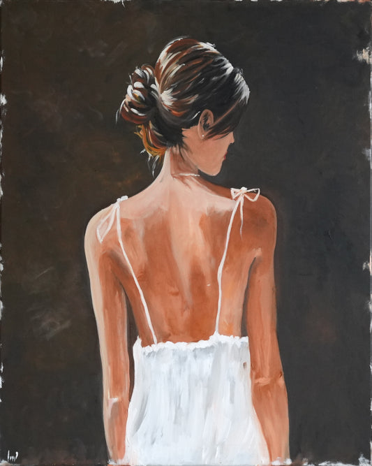 SHE II, oil painting of a woman from behind in a white dress on a dark background by Mahsa Gee
