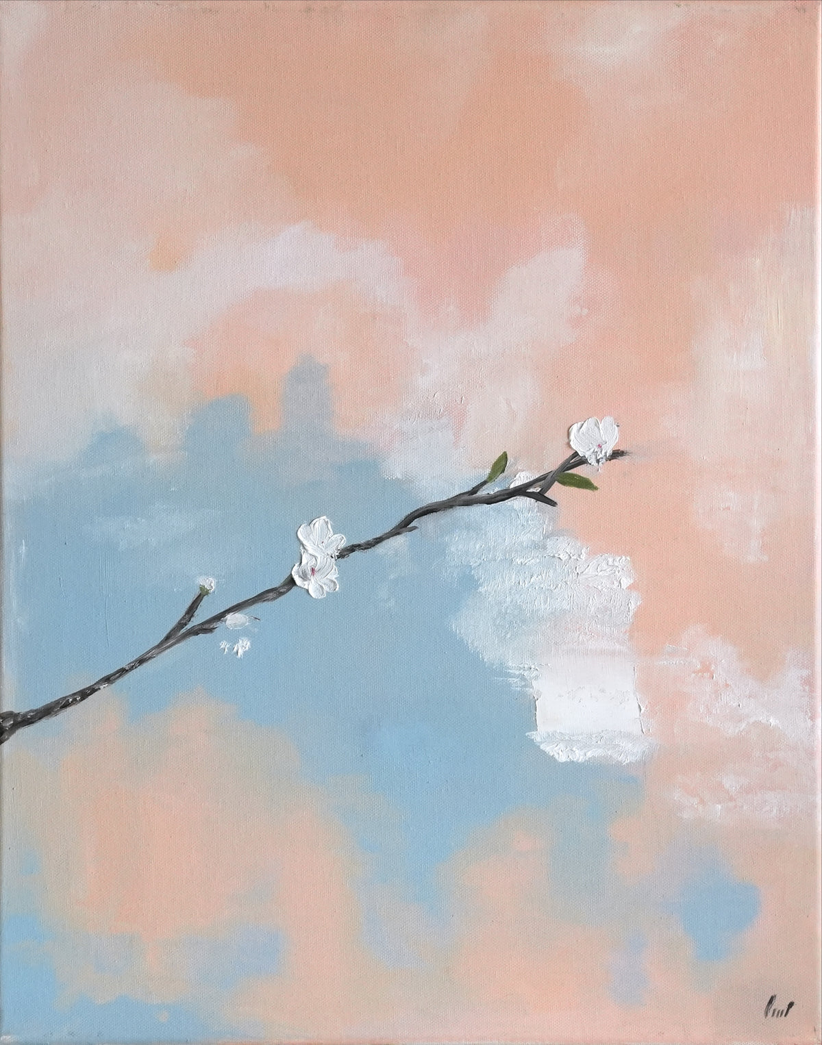 SPRING WHISPER, oil painting of a white cherry blossom branch on a peach and blue sky by Mahsa Gee