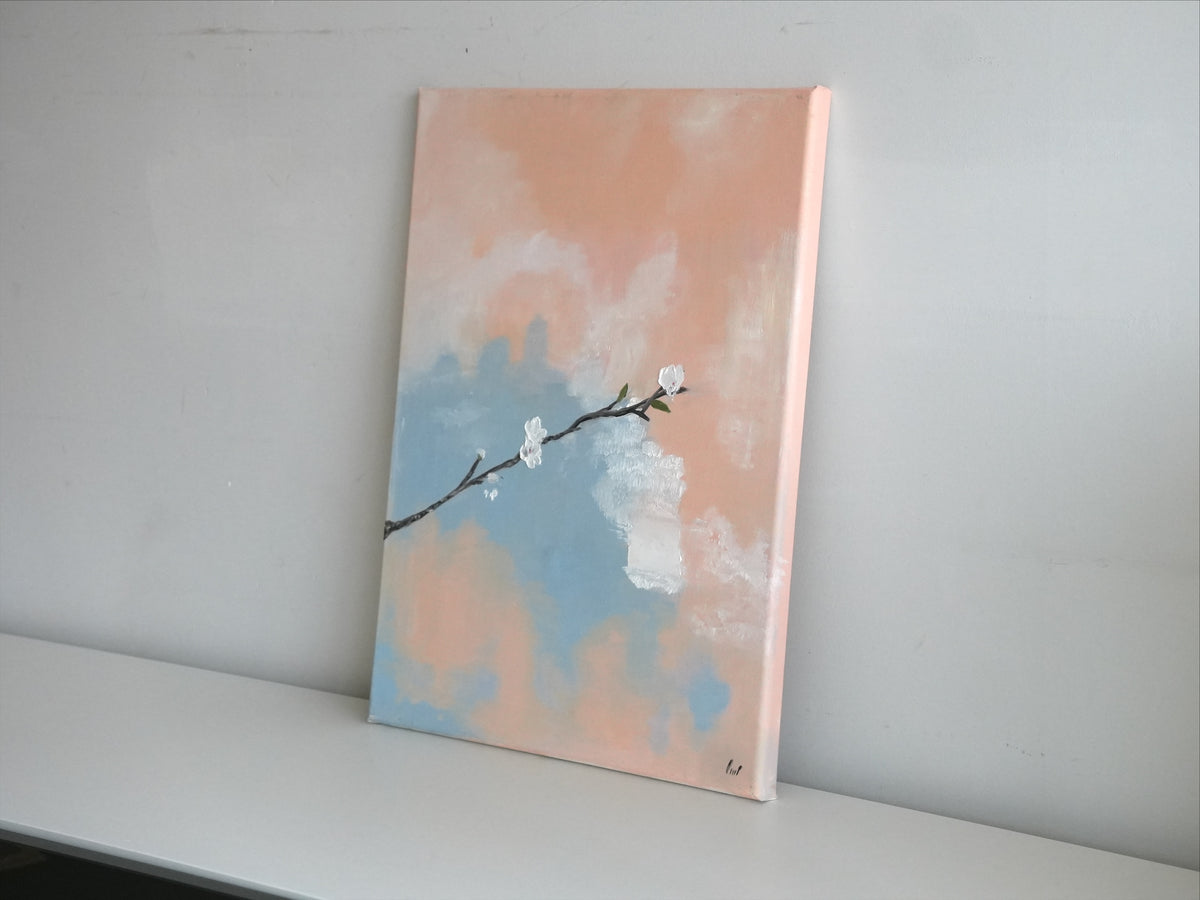 SPRING WHISPER by Mahsa Gee, seen from the side to show the canvas edge and paint texture