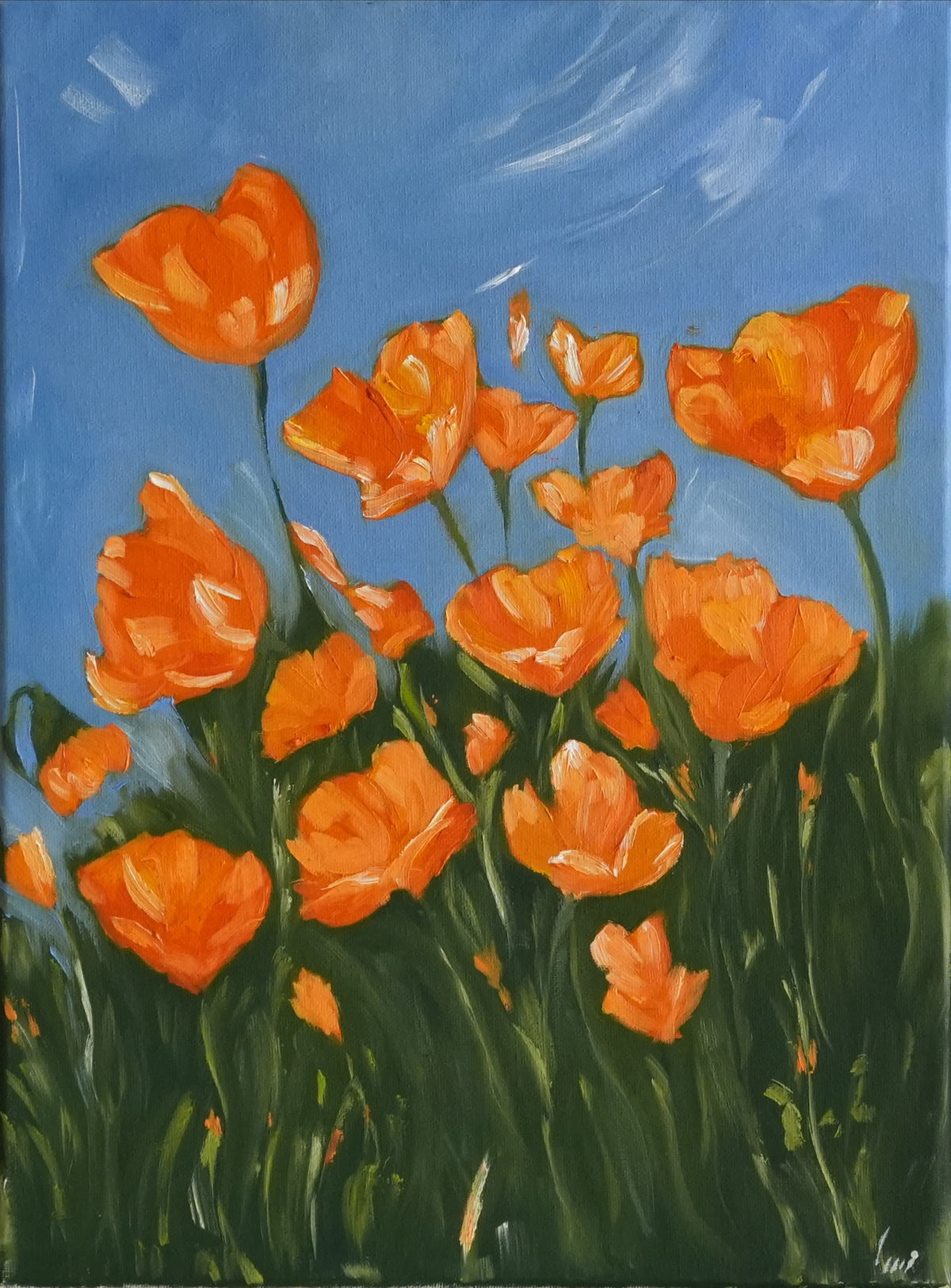 SUNLIT POPPIES, oil painting of orange poppies against a blue sky by Mahsa Gee