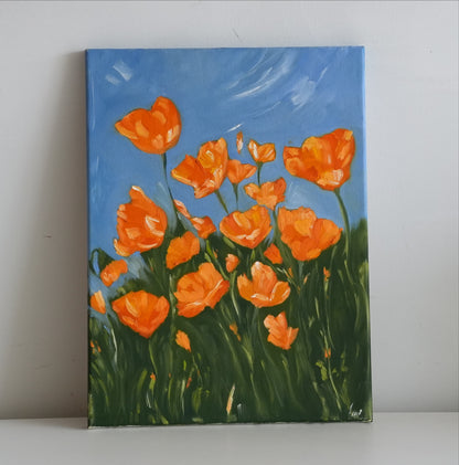 SUNLIT POPPIES by Mahsa Gee, standing on a shelf against a white wall