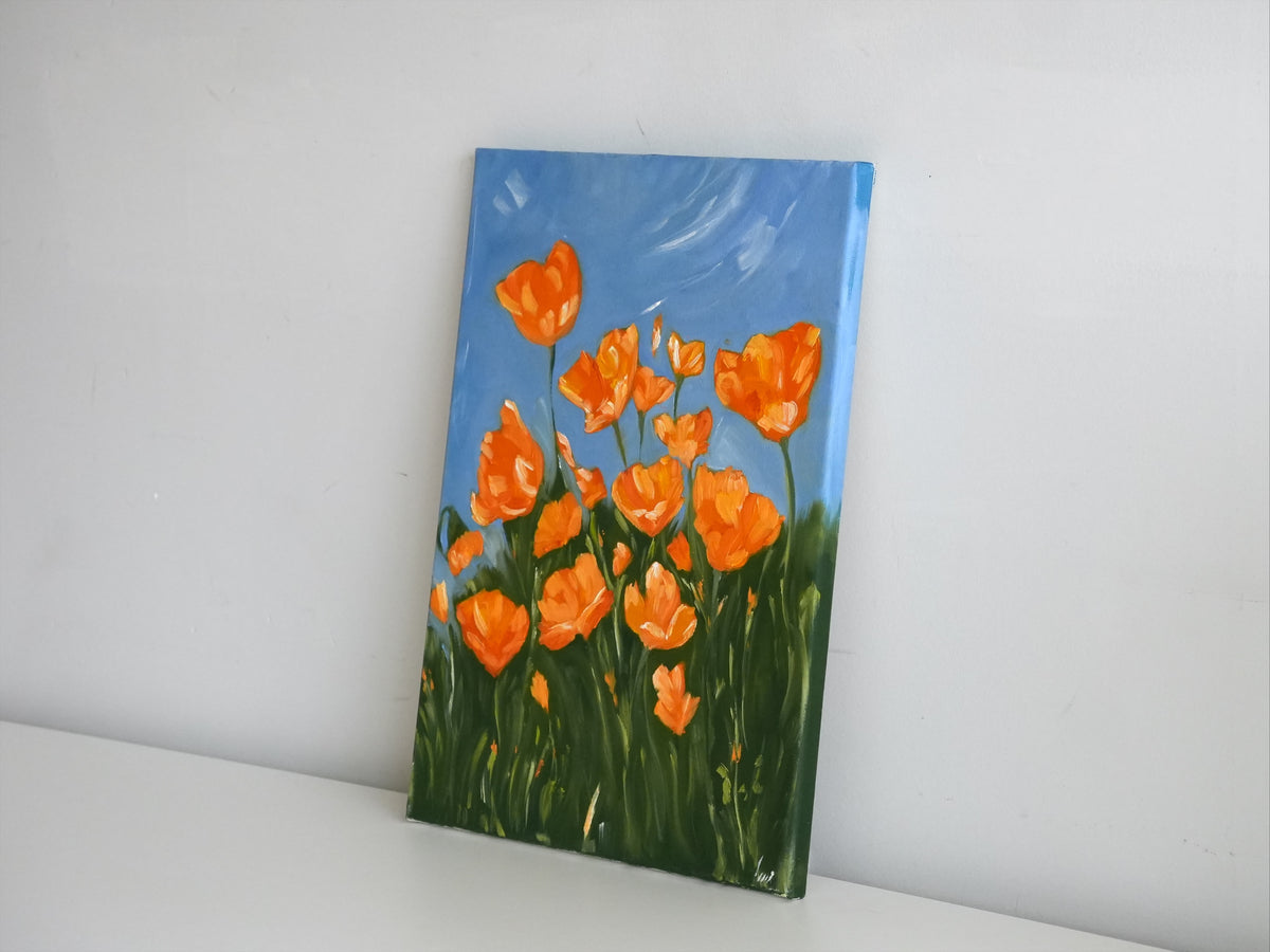 SUNLIT POPPIES by Mahsa Gee, seen from the side to show the canvas edge and paint texture