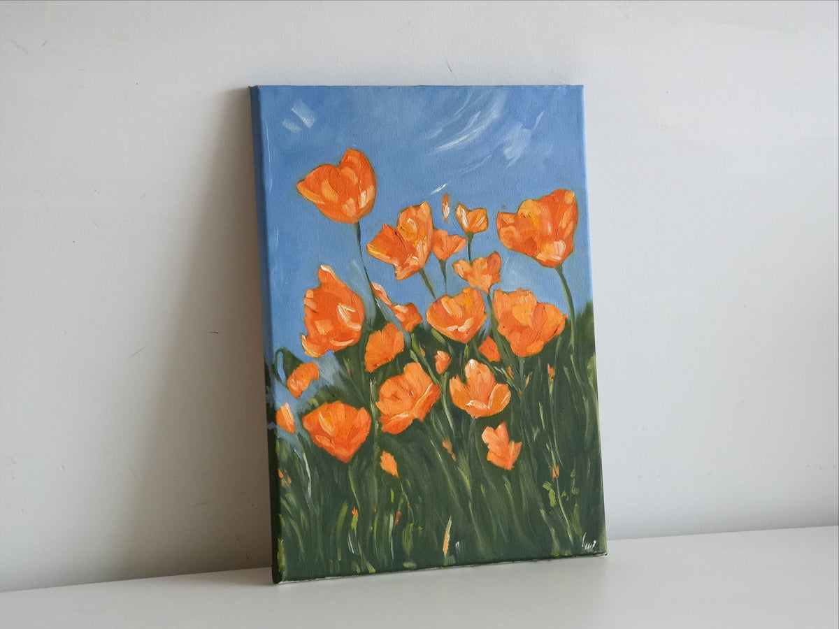 SUNLIT POPPIES by Mahsa Gee, seen from the side to show the canvas edge and paint texture