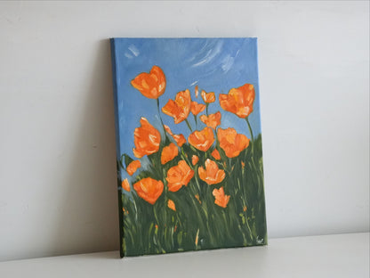 SUNLIT POPPIES by Mahsa Gee, seen from the side to show the canvas edge and paint texture