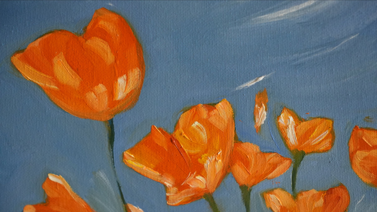 Close-up of the brushwork in SUNLIT POPPIES by Mahsa Gee