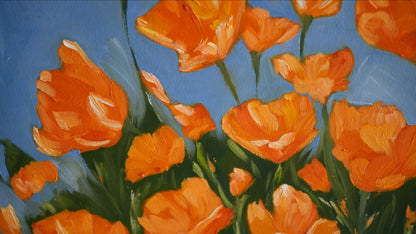 Close-up of the brushwork in SUNLIT POPPIES by Mahsa Gee