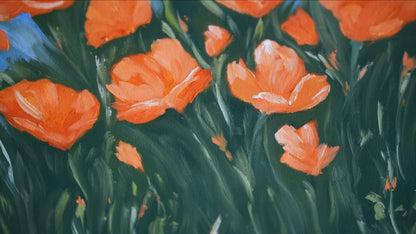 Close-up of the brushwork in SUNLIT POPPIES by Mahsa Gee