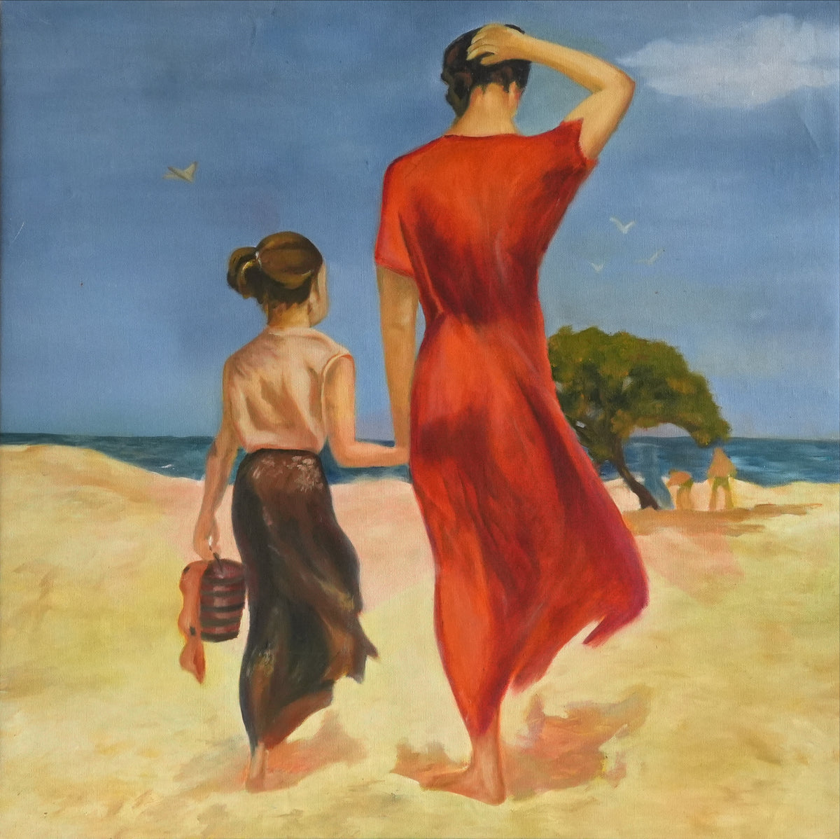 TOWARD THE SEA, oil painting of a mother and daughter walking to the ocean by Mahsa Gee