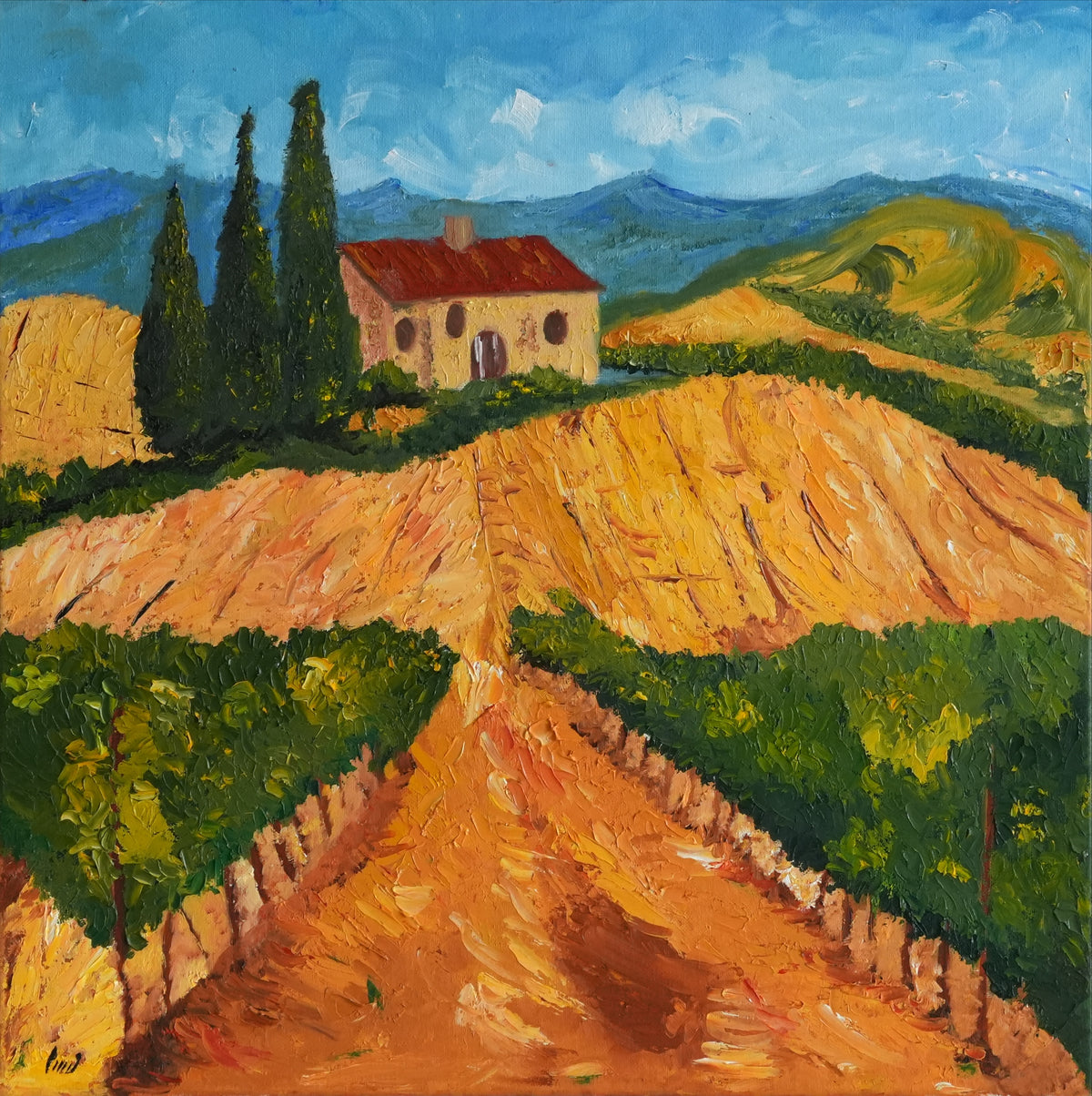 TUSCAN WHIRLWIND, Tuscan landscape oil painting with cypress trees in Van Gogh style by Mahsa Gee