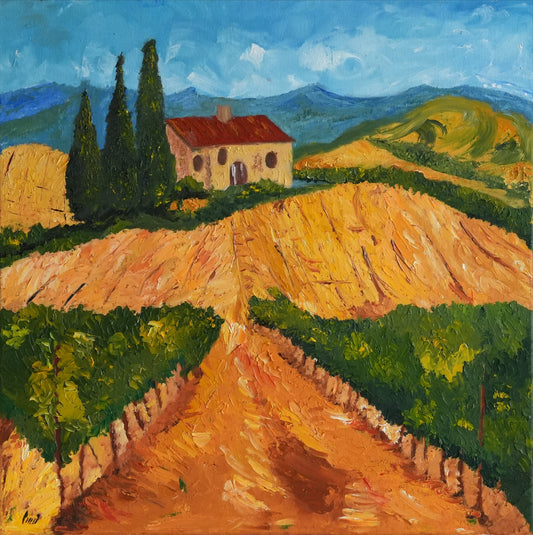 TUSCAN WHIRLWIND, Tuscan landscape oil painting with cypress trees in Van Gogh style by Mahsa Gee